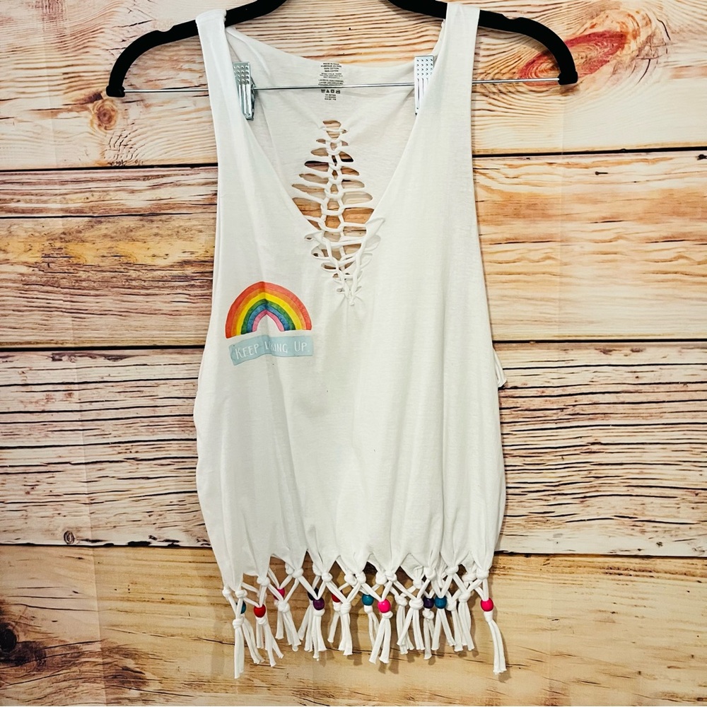 UPCYCLED ☆ HANDMADE  Beaded and Fringed "Keep Looking Up"!! Summer Tank